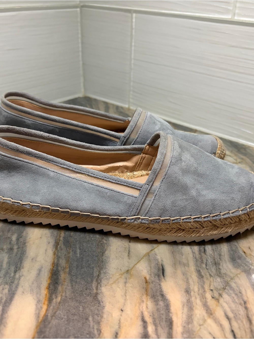 Karl Lagerfeld Alaine Gray Blue Suede Slip On Flat Espadrille Shoes Size 8